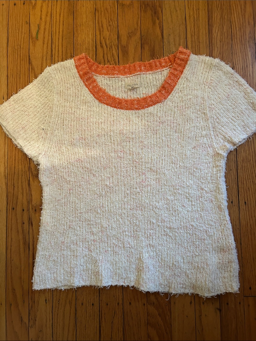 Pilcro Cream Bouclé Short-Sleeve Top with Orange Neckline